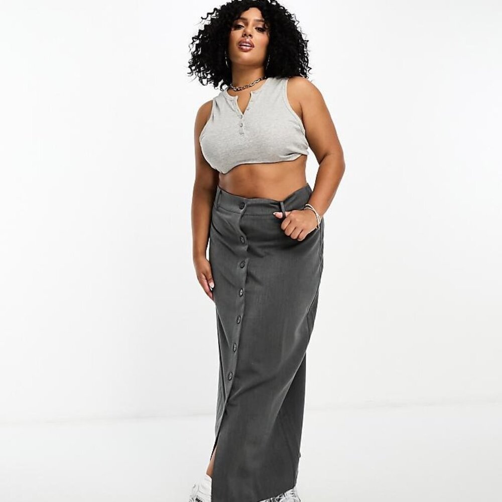ASOS DESIGN Curve button up pencil maxi skirt in dark gray